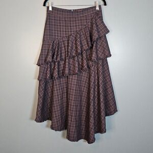 Maple & Cliff Women's Brown Plaid Ruffle Lined Midi Skirt Cottagecore Grunge S